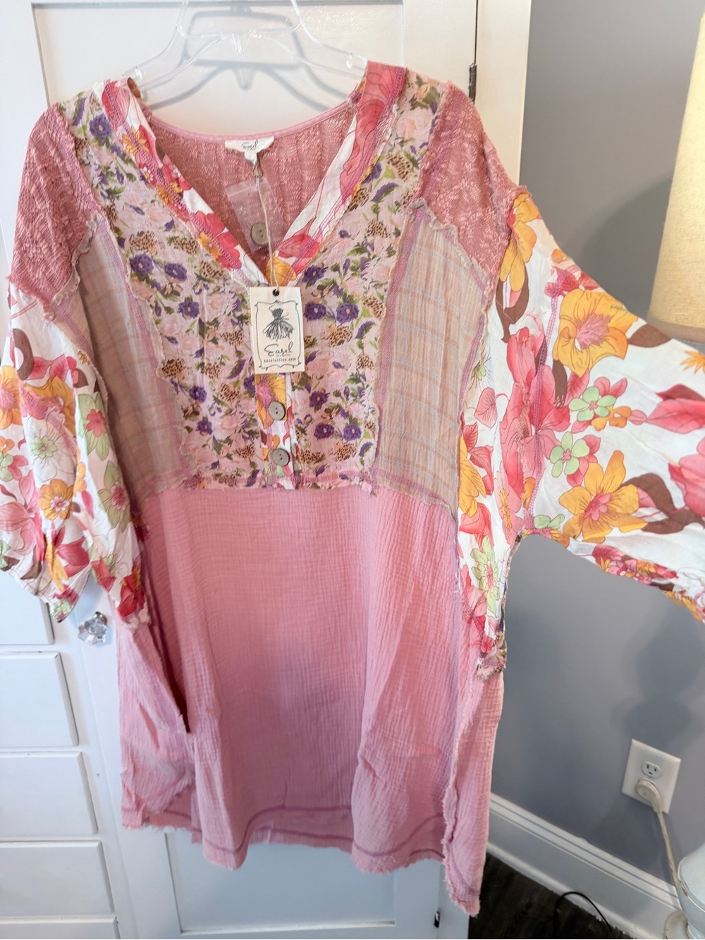 easel Pink Multi-Print Patchwork V-Neck Tunic - Picture 2 of 10